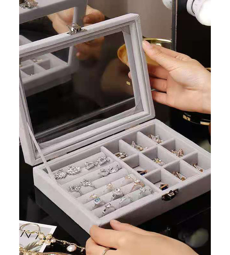 YouBella Jewellery Organiser Box Velvet Clear Lid Jewelry Organizer, Ring Earring Bracelets Jewelry Storage Case, Lockable Jewelry Box for Girls Women (Jewellery_Box_33) (Grey)